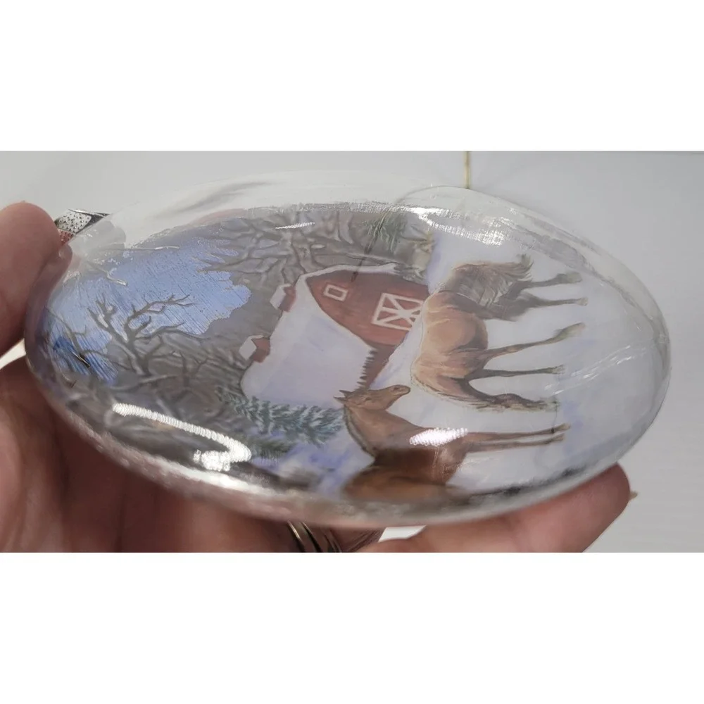Roman Inc Christmas Ornament Winter Scene‎ Horses Barn Silver Disc 2011 NEW RARE